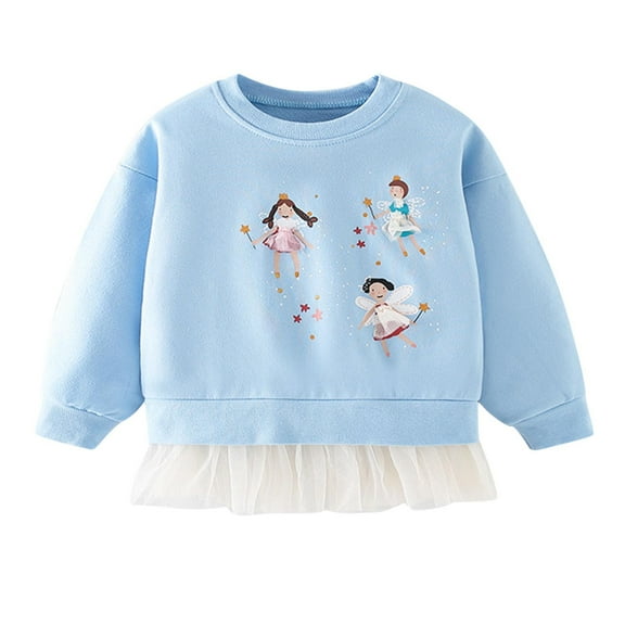 Curuila Toddler Girls Sweatshirt Crew Neck Cute Cartoon Printed T Shirt Long Sleeved Fashion Autumn Winter Top Size 2-3 Years Blue