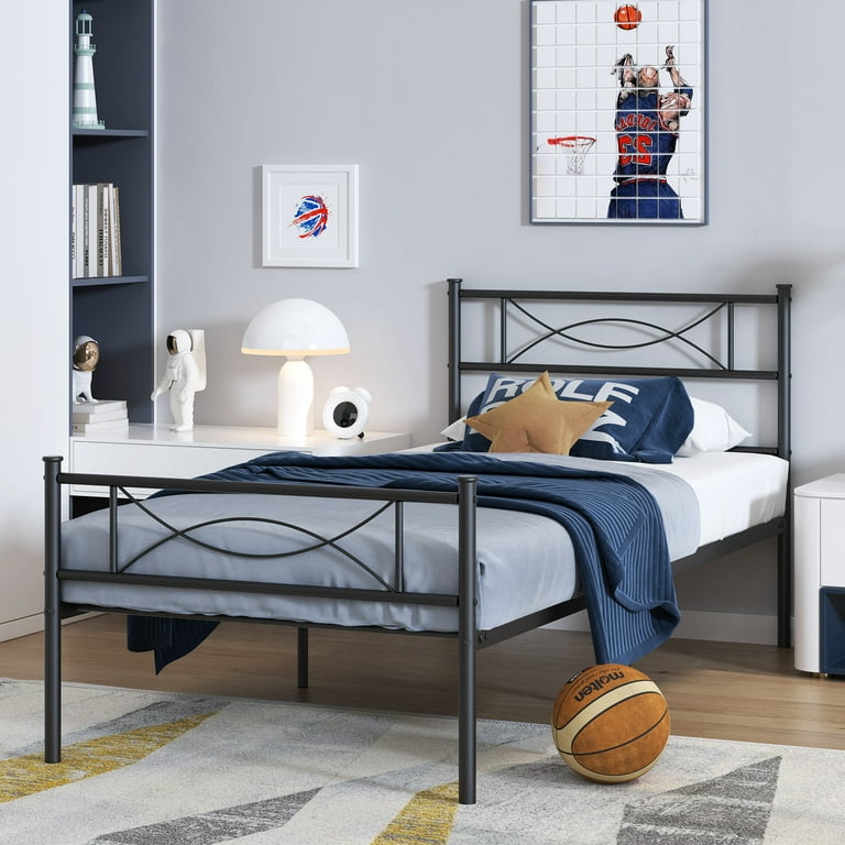 Yoneston Kids Twin Size Metal Platform Bed with Bowknot Headboards