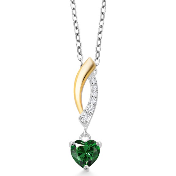 Gem Stone King 0.55 Ct Heart Shape Green Nano Emerald 925 Silver and 10K Yellow Gold Lab Grown Diamond Pendant Necklace with Chain