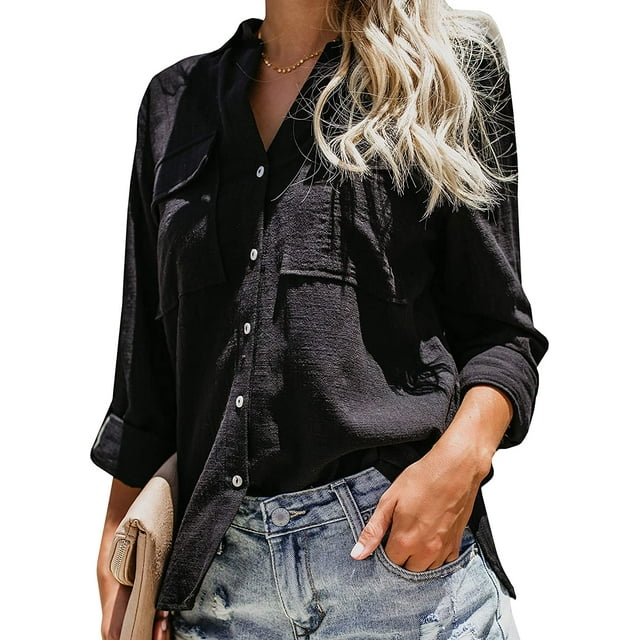 Chemisiers à Boutons pour Femmes Col en V Manches Longues Blouse Manches Retroussées Manches Retroussées Décontractées Travail Tops Simples avec Poches