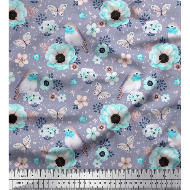 Soimoi Tissu Poly Georgette Imprimé Floral Rouge-Gorge, Papillon & Anémone au Mètre 52 Pouces de Large