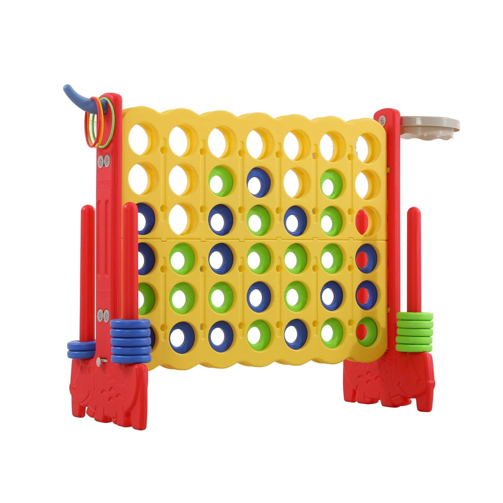 UNICOO® Giant 4 in a Row Game with Carrying Bag, Giant 4-to-Score Game Set with Basketball and Hoop, Ring Toss, Indoor & Outdoor Family Party Game for Kids & Adults (Red + Yellow)