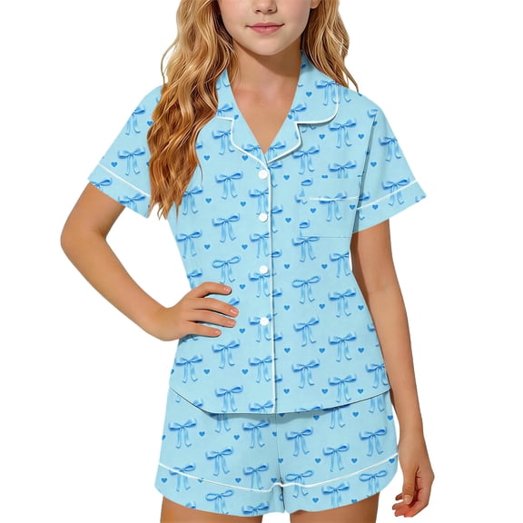 Ahabrexf Girls Summer Outfits Print Turn-Down Collar Short Sleeve Top and Shorts Pajama 2-Pc Set Homewear for Kids
