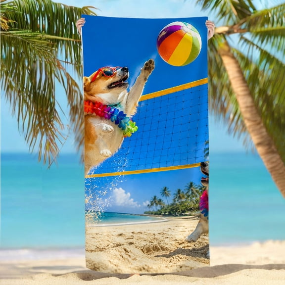 RKSupls Corgis Playing Beach Volleyball  Quickly Absorb Moisture Beach Towel, Machine Washable Ultra-Soft Microfiber Ideal for Bathroom beach yoga