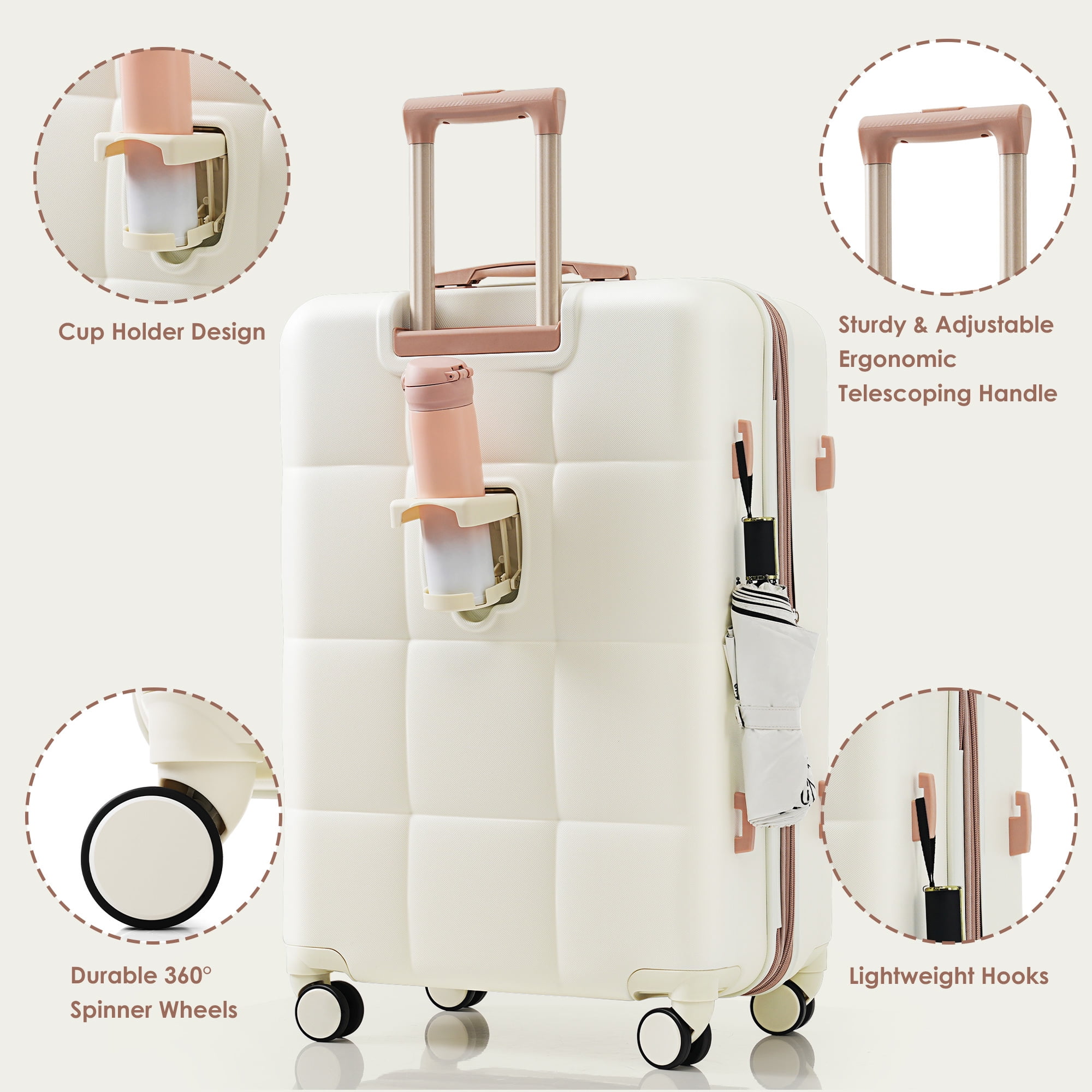 Euroco 4 Piece Luggage Sets,ABS Hardshell Suitcase Set with USB Port ,Cup Holder,Travel Bag and Spinner Wheels,Expandable Travel Luggage for Men Women(20"/24"/28"),Beige