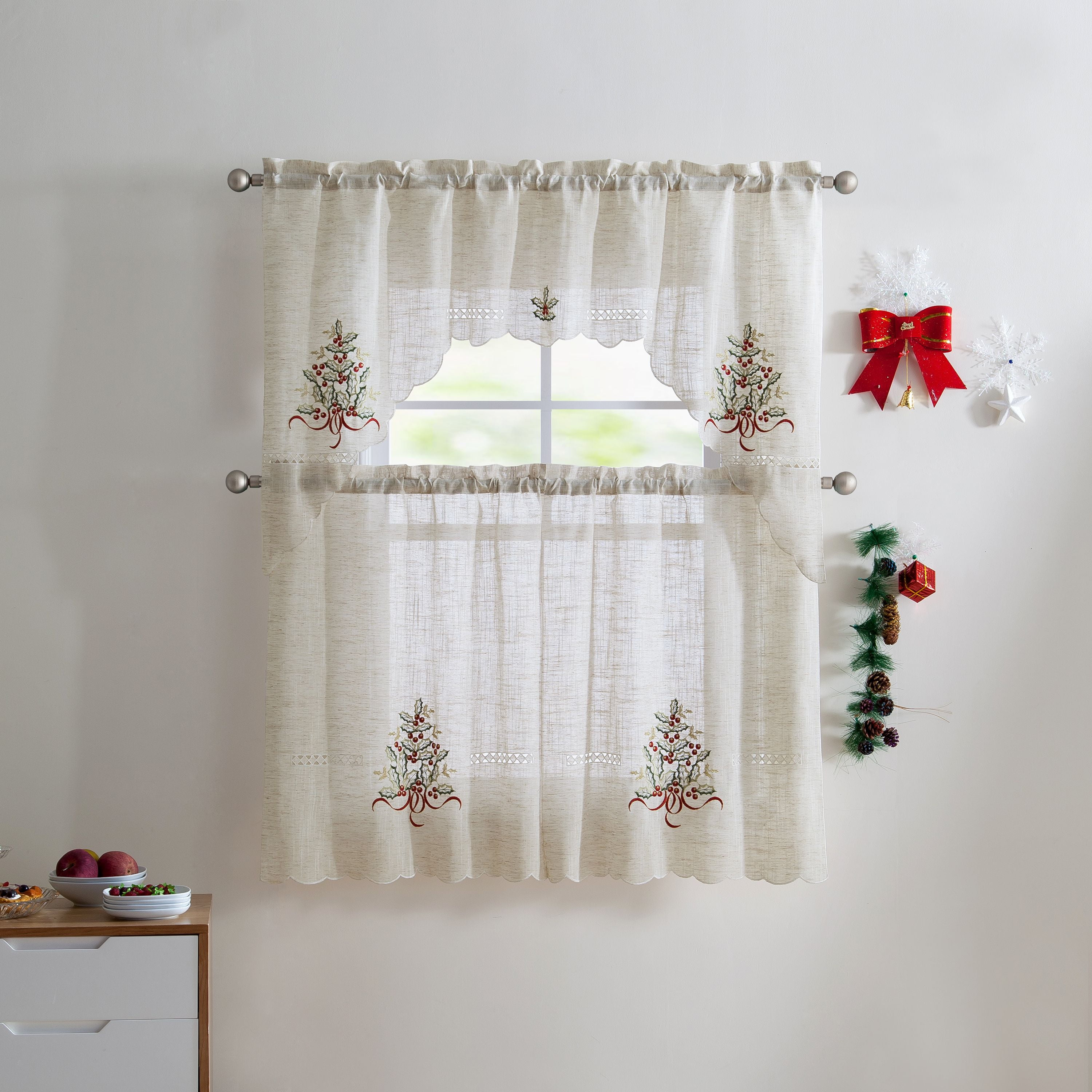 VCNY Home Christmas Mistletoe Complete Kitchen Curtain Set - Walmart