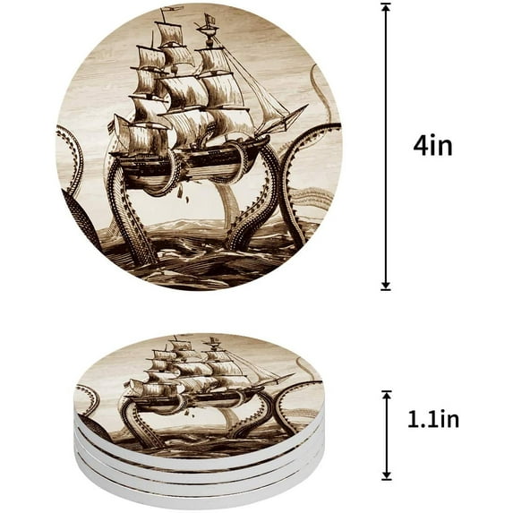 FMSHPON Octopus Set of 8 Round Coaster for Drinks, Absorbent Ceramic Stone Coasters Cup Mat with Cork Base for Home Kitchen Room Coffee Table Bar Decor