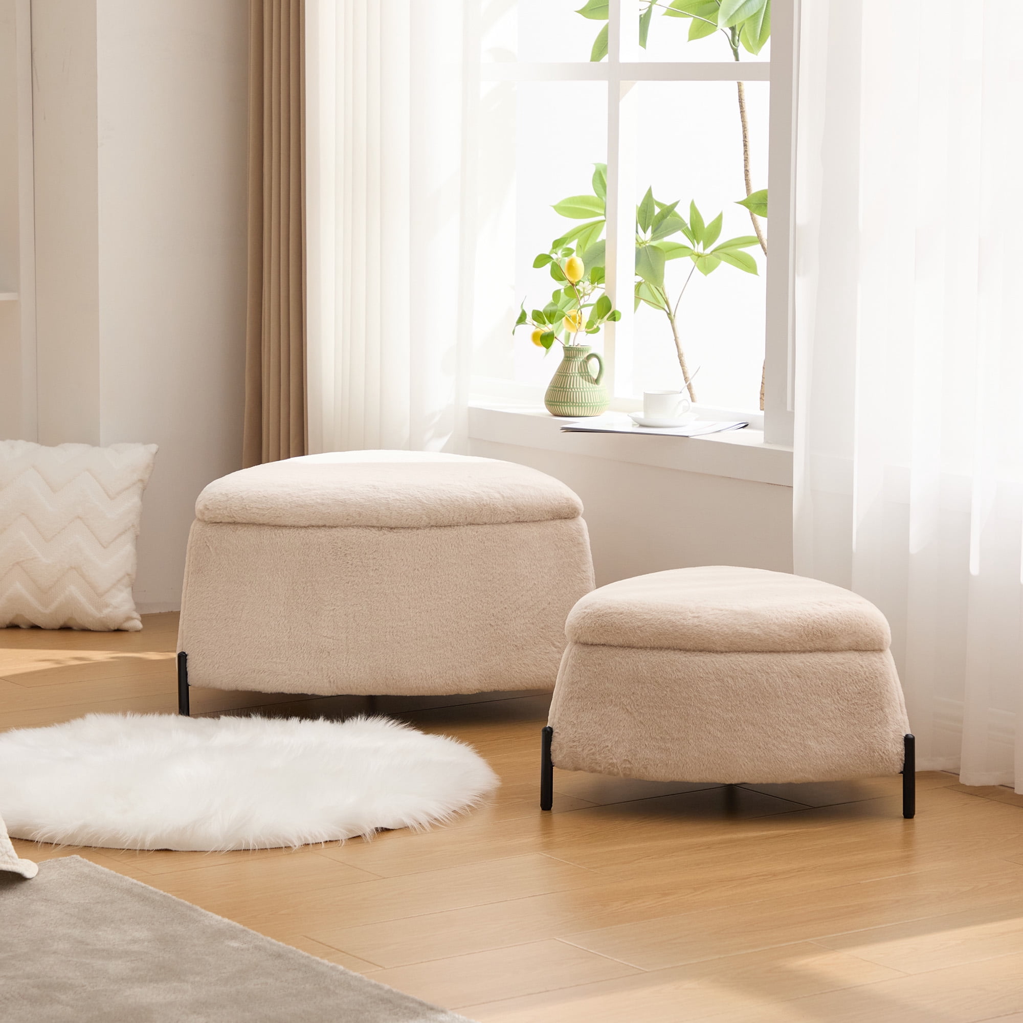 Ottoman Set, Light Camel Faux Fur 2-Piece Set with Large Ottoman Featuring Reversible Wooden Tray Lid and Small Hidden Ottoman, for Footrest, Coffee Table, Seating