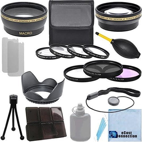 Pro Series 52mm 0.43x Wide Angle Lens + 2.2x Telephoto Lens + 3Pc Filter Sets + 4Pc Close Up Lens + Lens Hood with Deluxe Lens Accessories Kit for Most Cameras + eCostConnection Microfiber