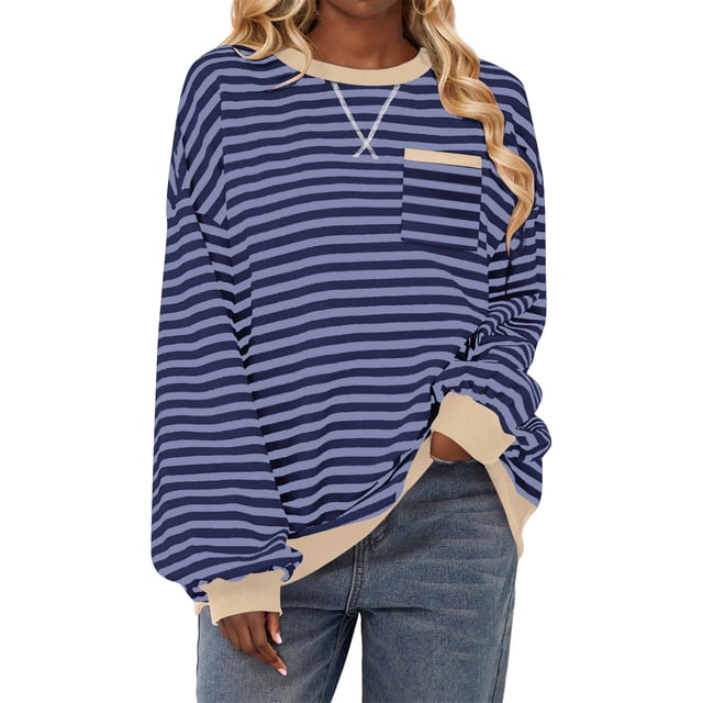 ZVAVZ Chandail en Molleton Rayé pour Femmes à Manches Longues Col Rond Automne Surdimensionné Décontracté Chandail Haut 2025 Y2K Tenues Preppy Marine TG
