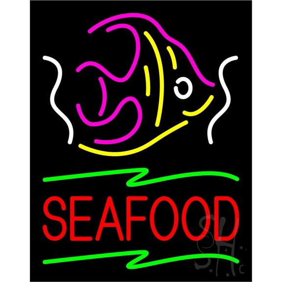 Red Seafood Logo Yellow LED Neon Sign 19 x 15 - inches, Clear Edge Cut Acrylic Backing, with Dimmer - Bright and Premium built indoor LED Neon Sign for restaurant window and interior decor.