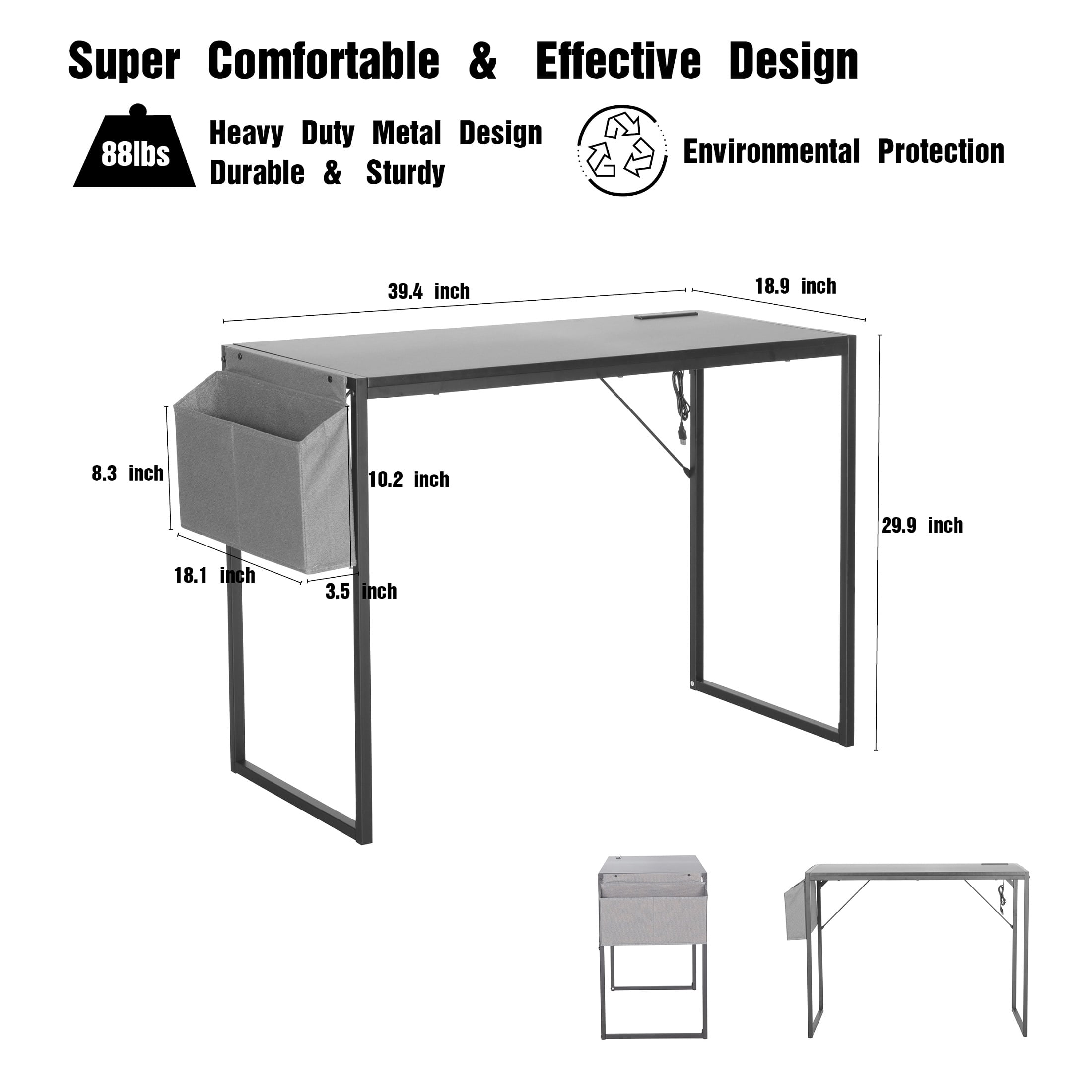 JJS Small Computer Desk Simple Style Writing Desk for Small Spaces 40 Inch Home Office Modern Student Study Laptop Writing Table with Storage Bag USB Hub, Black…