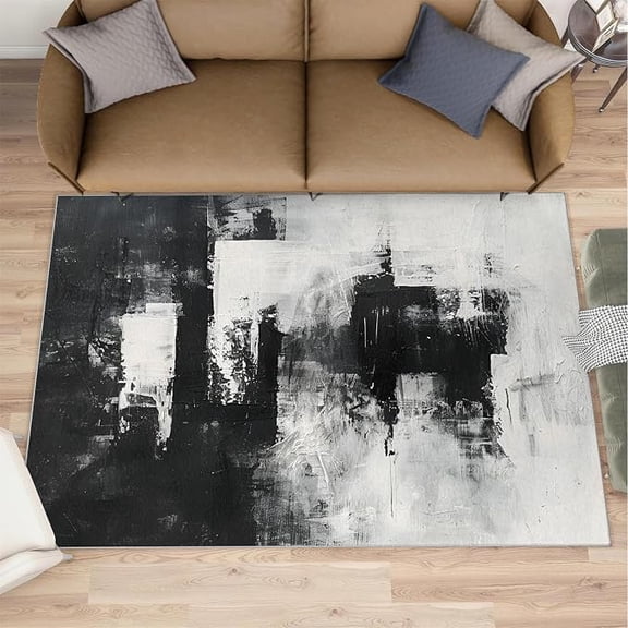 Abstract Rugs for Living Room, Black and White Area Rug, Minimalist Rugs for Bedroom, Low Pile Non Slip Washable Indoor Carpet & Home Decor 2x3ft