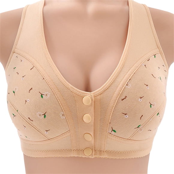 BAOQIN Women's Front Closure Bra Plus Size Wide Straps Full Coverage Wireless Bra with Floral Printed Push Up Cotton Bras for Seniors
