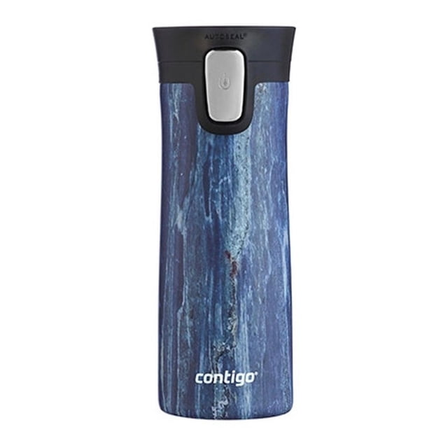 termo 14 oz contigo acero inoxidable autoseal couture marmol azul Vista frontal centrada de termo Contigo 14 oz con cuerpo cilíndrico de acero inoxidable y patrón tipo mármol azul, tapa negra con botón Autoseal plateado y logo Contigo en la base; suele usarse para bebidas calientes o frías al salir.