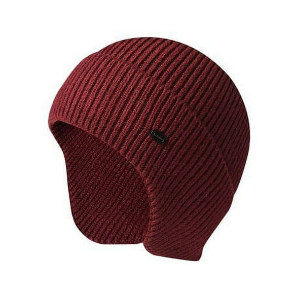 Unisex Men Winter Windproof Knitted Wool Beanie Hat Ear Flap Ear Protector Cycling Ski Skull Cap- Wine Red