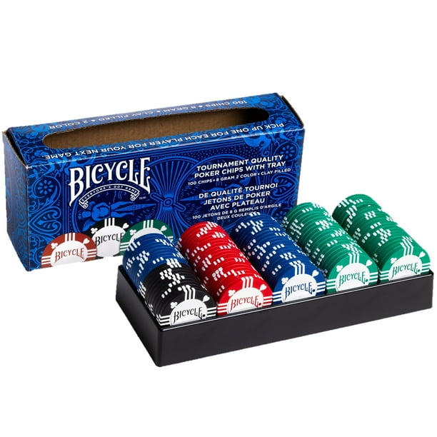 Bicicleta con fichas de póquer, 8 g, rellena de arcilla, 100 unidades, con bandeja de casino
