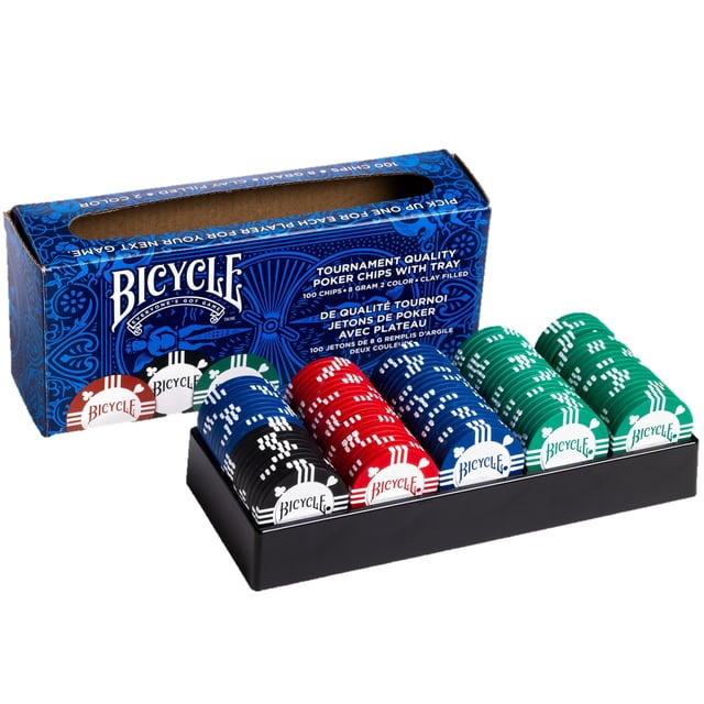 Bicicleta con fichas de póquer, 8 g, rellena de arcilla, 100 unidades, con bandeja de casino