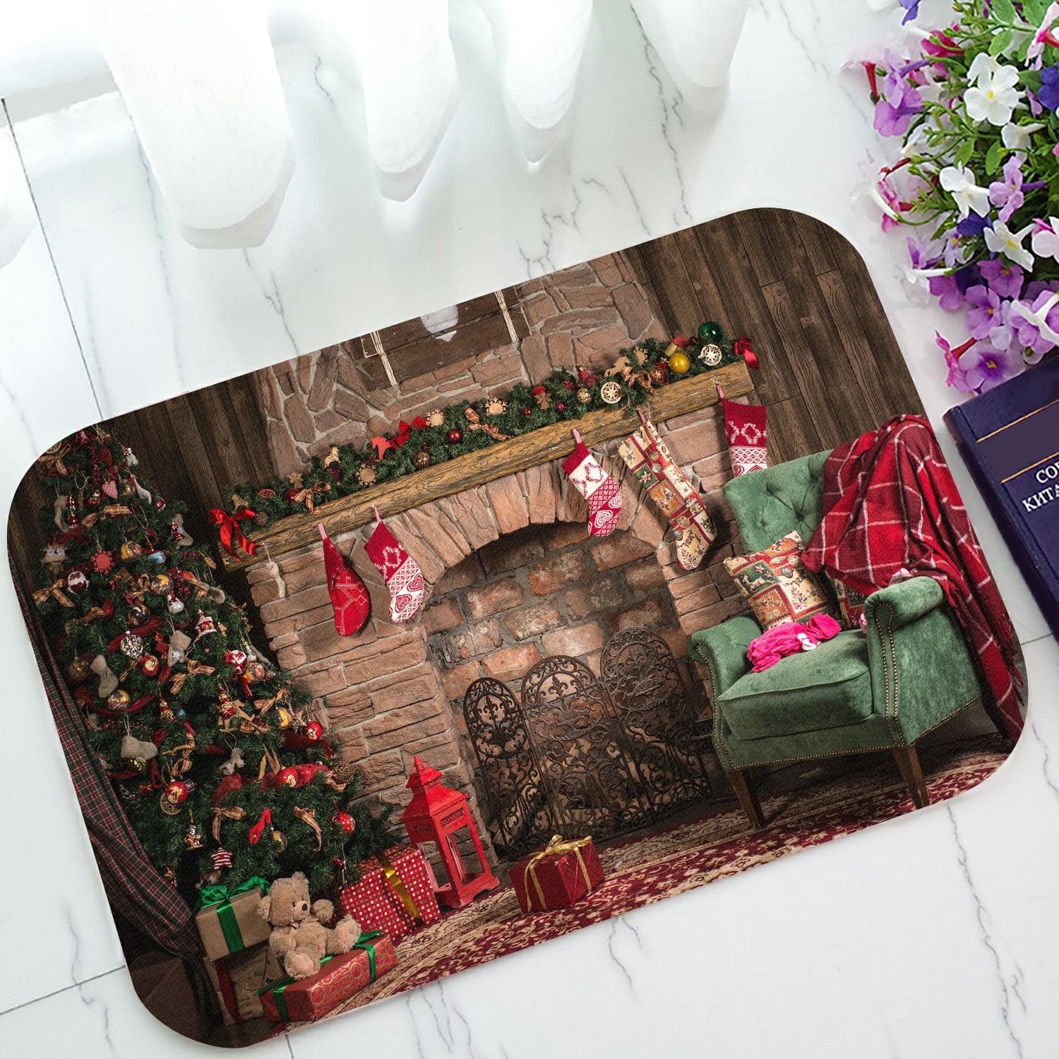 ABPHQTO Elegant Christmas Tree Fireplace Blanket Couch Doormat Entrance