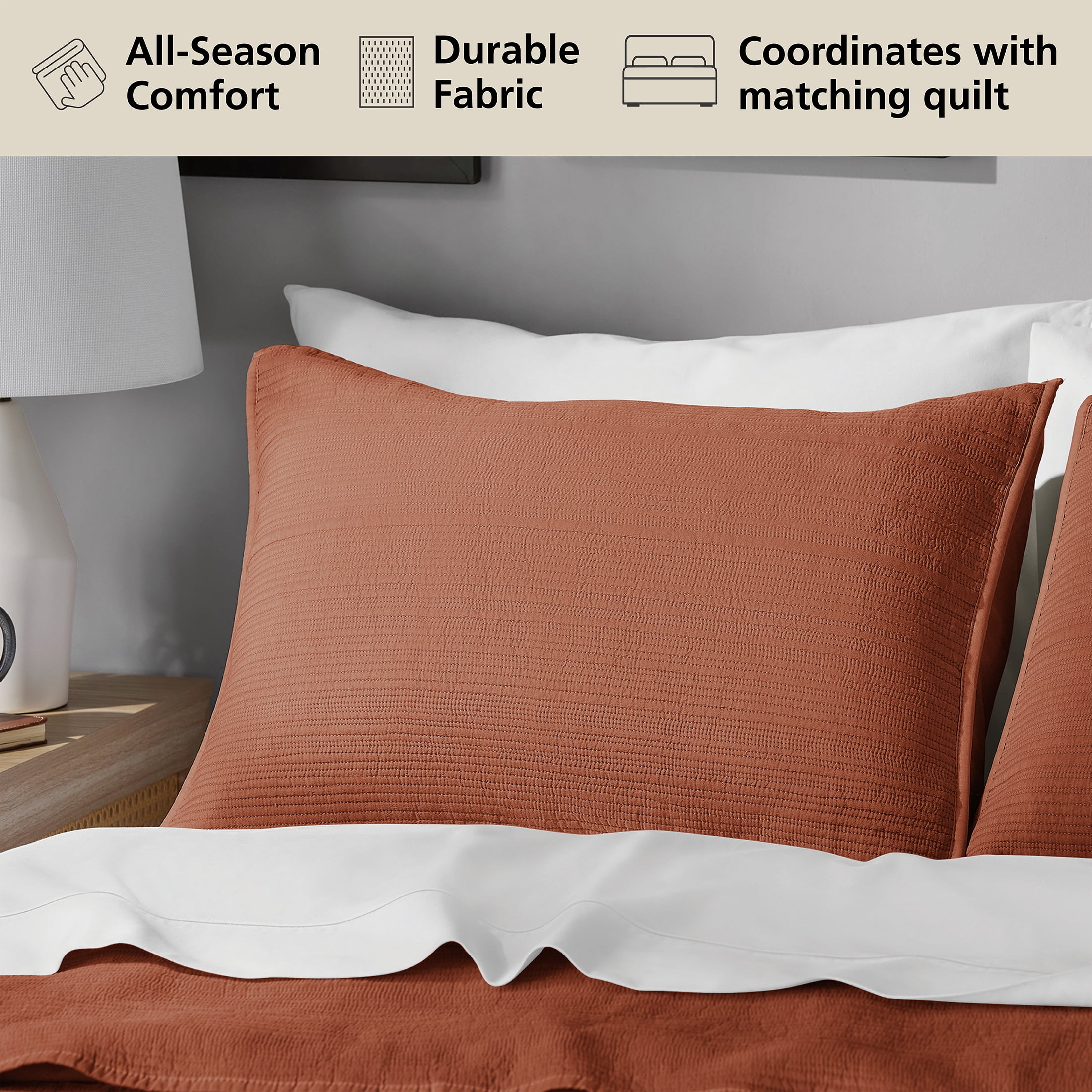 Mainstays Garment Washed Striped Pillow Sham, Standard, Terracotta Orange, 1 Pack