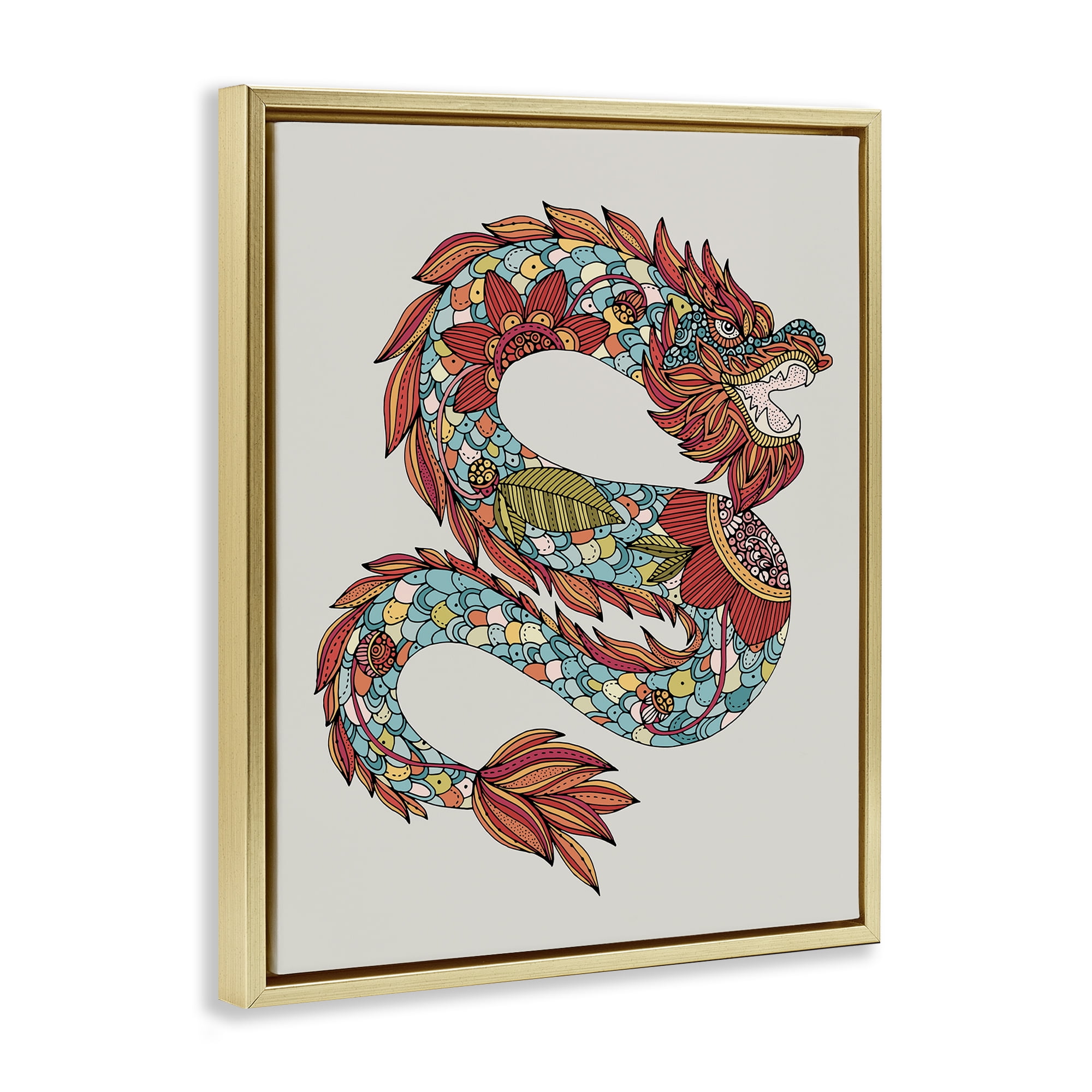 Stupell Industries Detailed Year of Dragon Fairy Tales & Fantasy Painting Gold Floater Framed Canvas Art Print Wall Art, 25 x 31