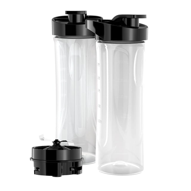 licuadora personal black+decker pbj2000 fusionblade 600 ml x 2 frascos transparentes de 600 ml con tapas de viaje negras y base de cuchillas FusionBlade desmontada, ideal para preparar batidos y bebidas para llevar.