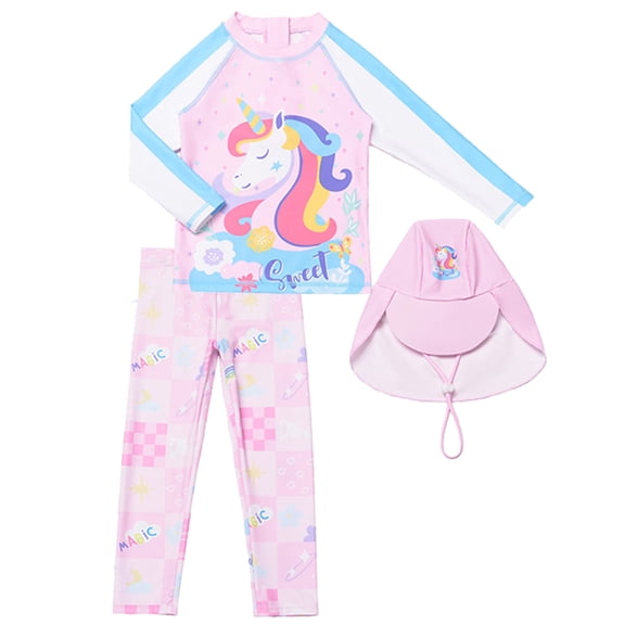 WIBACKER Girls Long Sleeve Rash Guard Swimsuits Bathing Suit UPF 50  Two Piece Swimsuit with Sun Hat Summer Swimwear for 3-12T