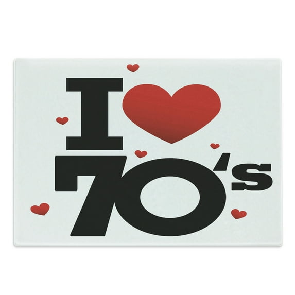 70s Party Cutting Board, Seventies with Various Shaped Hearts Vintage and Retro Typography, Decorative Tempered Glass Cutting and Serving Board, Large Size, Black Red, by Ambesonne