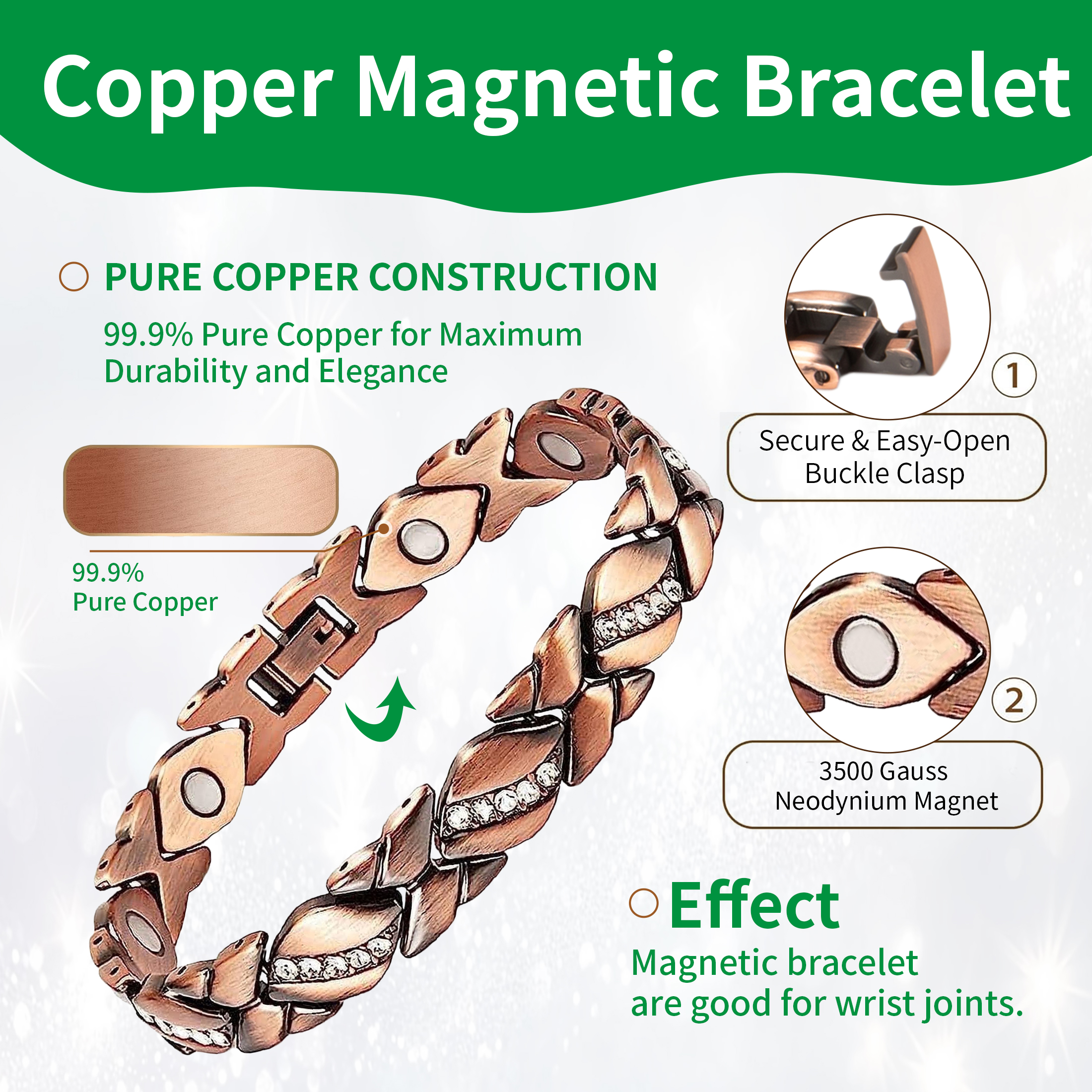 Wollet Magnetic Copper Bracelet for Women, Adjustable photo 4