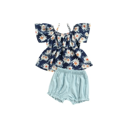 

Genuiskids Baby Girls 2Pcs Summer Clothes Floral Print Cold Shoulder Short Sleeve Spaghetti Straps Tops and Casual Shorts Set