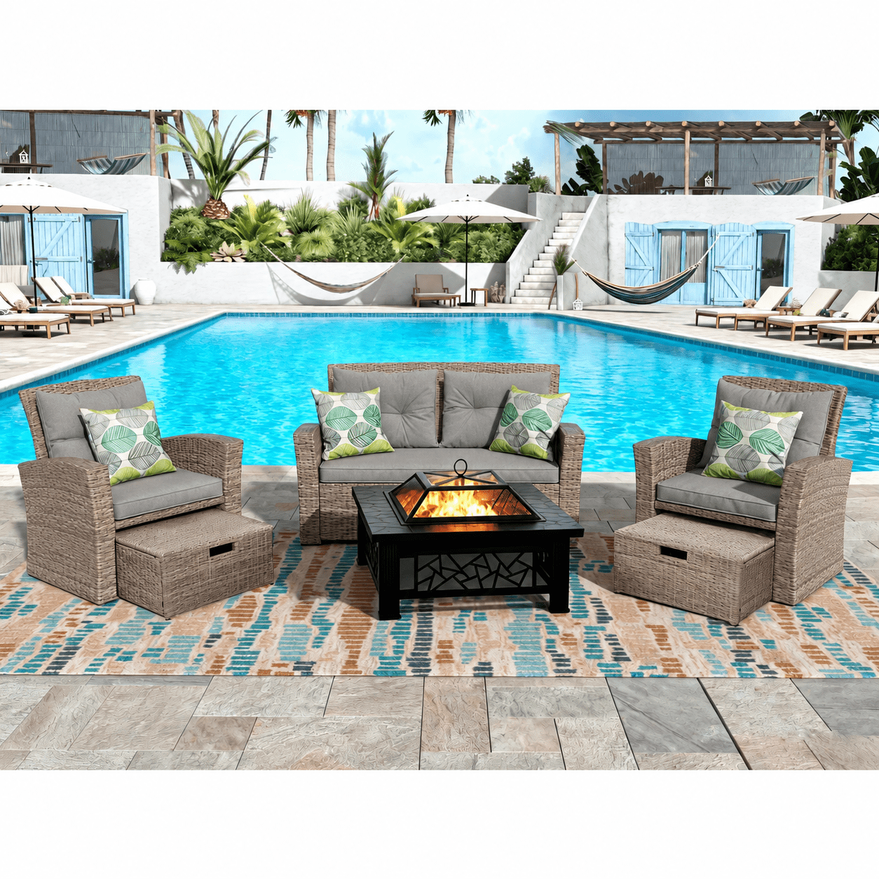 6-Piece Outdoor Patio Furniture Set,Multi-Functional 32-inch Outdoor Fire Pit,All-Weather PE Rattan Seating Setand, 4 Cushions,Suitable for Patios, Gardens, and Backyards ,Gray.