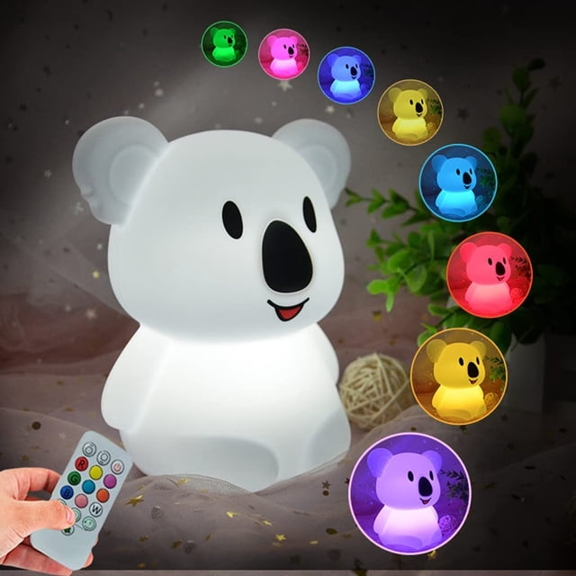 Luz de noche infantil Koala, lámpara de noche de silicona / Luces LED / Lámpara para habitación de bebé / Lámpara para cama infantil / Brillo y color ajustables, controles táctiles y control remoto -