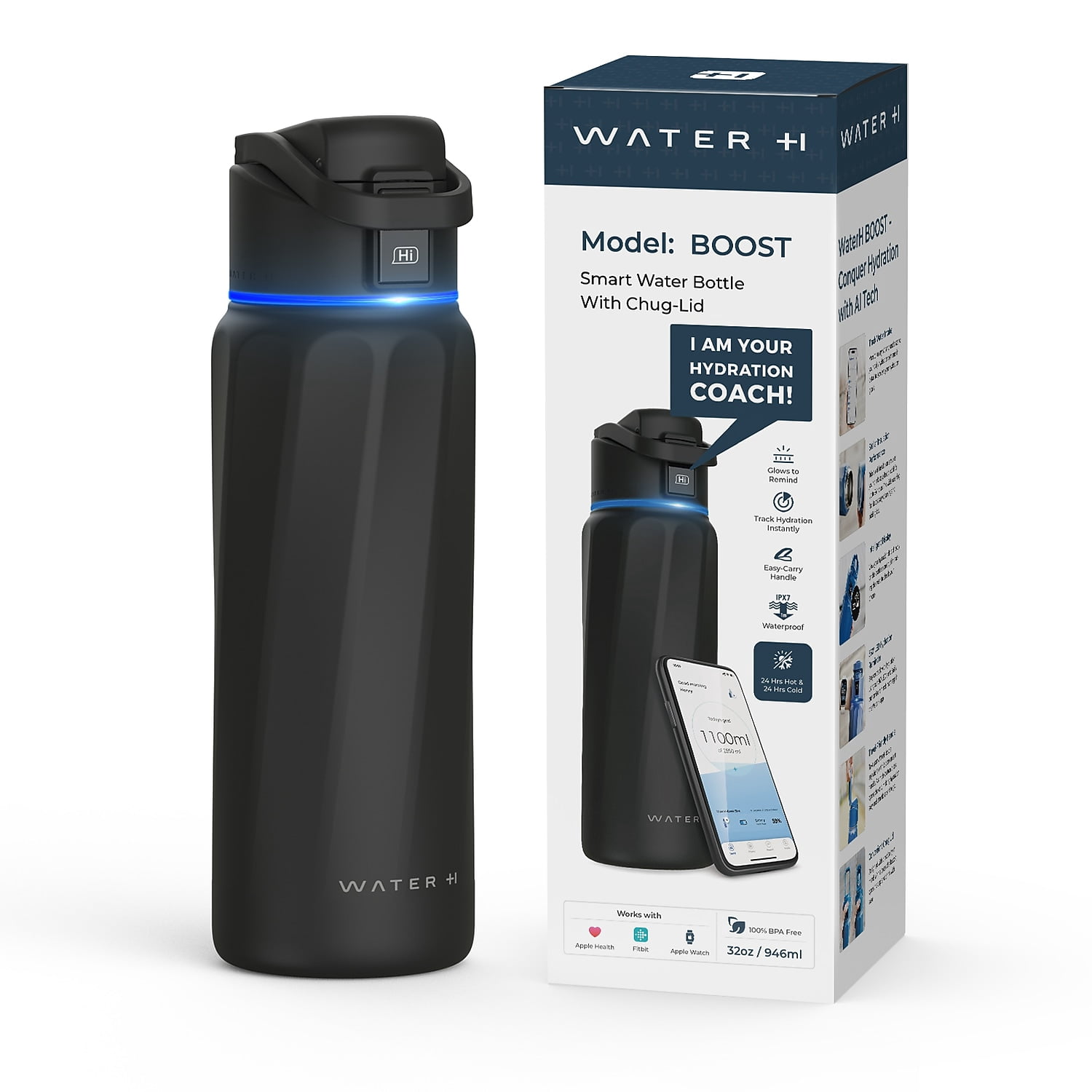 WaterH BOOST Stainless Steel Triple Wall Insulated Smart Water Bottle 32 oz. Black (B003BK)