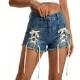 thumbnail image 2 of TARIENDY Denim Shorts for Women Stretchy Frayed Hem Jeans Short High Waisted Fashion Tie Up Casual Shorts Blue L, 2 of 8