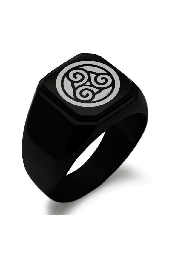 Stainless Steel Celtic Triskele Triskelion Circle Knot Engraved Square Flat Top Biker Style Polished Signet Ring