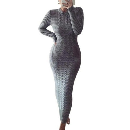 

Women Long Sleeve Knitted Dress Crochet Pattern Solid Color Ribbed Round Collar Casual Long Club Party One-Piece
