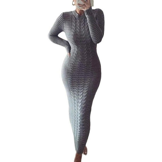 VISgogo Vestido de Punto de Manga Larga para Mujer, Patrón de Ganchillo Color sólido Acanalado Cuello Redondo Casual Fiesta de Club Largo de una Pieza VISgogo moda