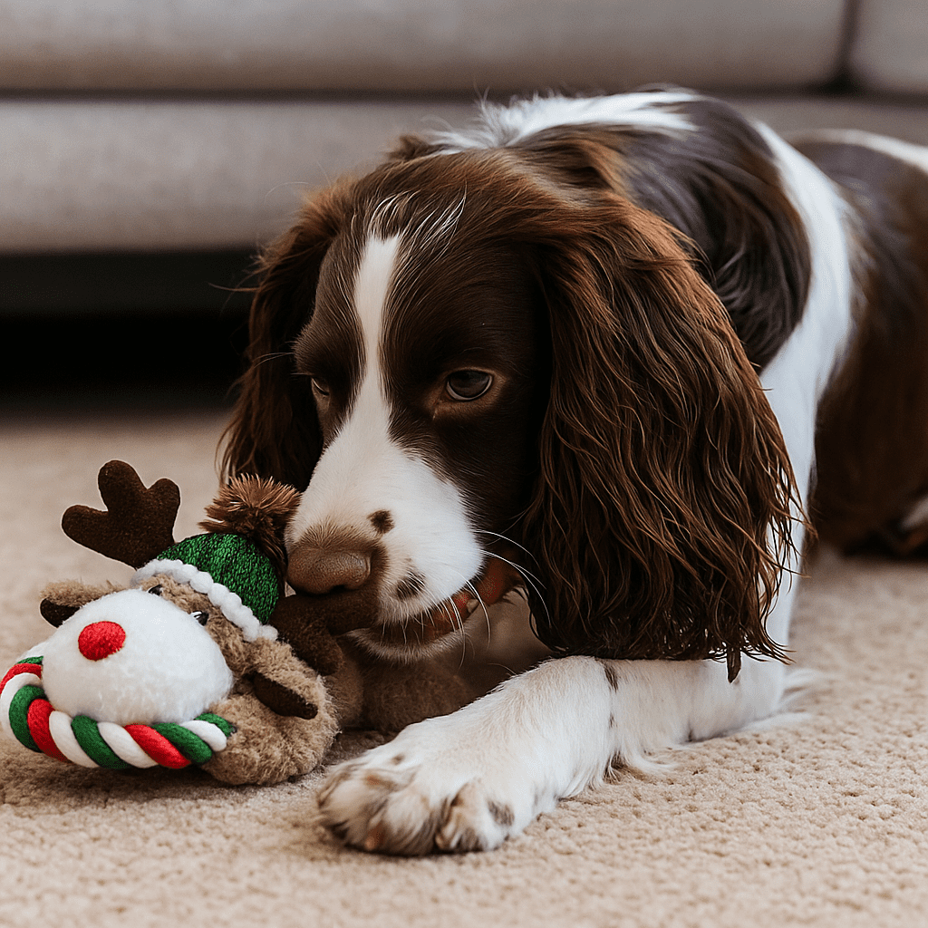 Vibrant Life Holiday Plush Dog Toy with Rope, Reindeer, Brown, Red, and Green, 11"