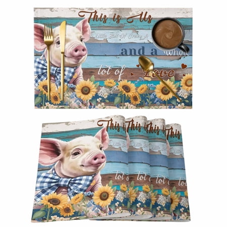 Sunflower Bee Kind Placemats Set of 1 Vintage Yellow Floral Bees White Daisy Plant Grey Plaid Non-Slip Place Mats Washable Table Mats for Kitchen Dining Table Decorations Indoor/Outdoor