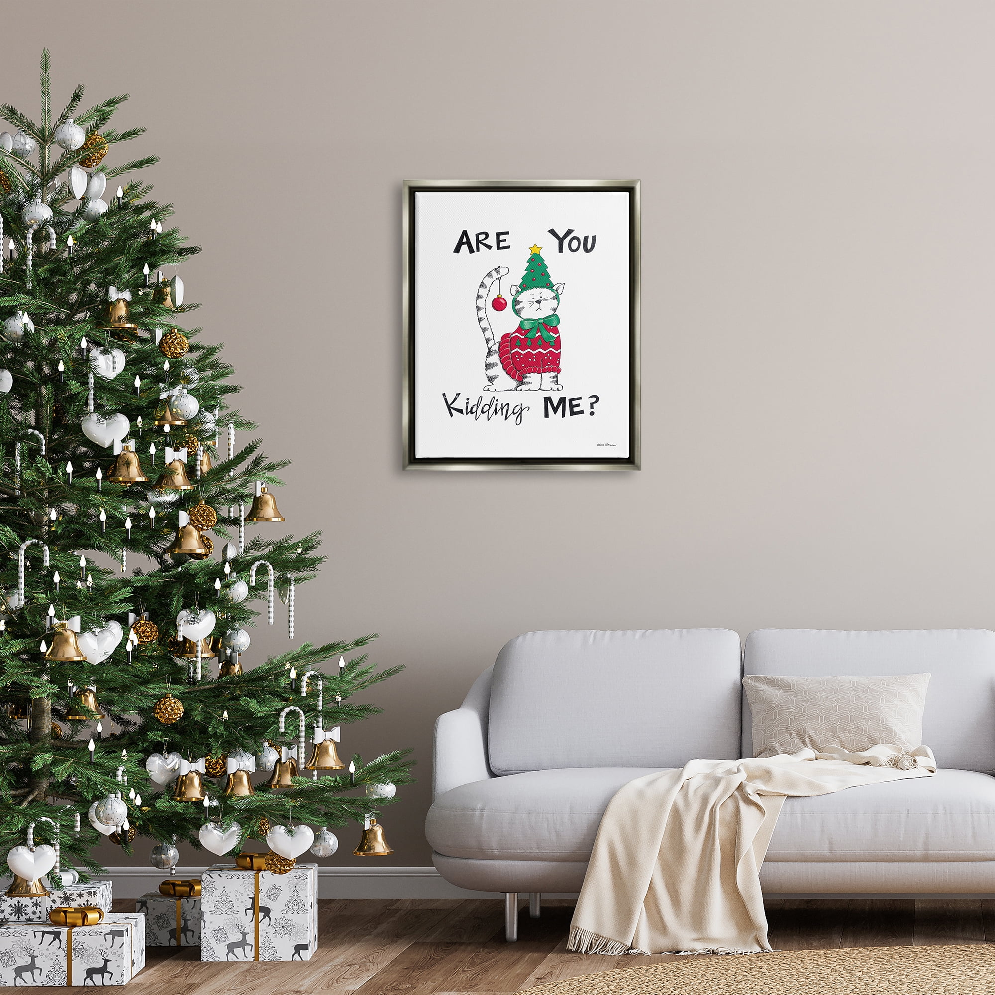 Stupell Industries Cat in Christmas Costume Holiday Painting Gray Floater Framed Art Print Wall Art, 25 x 31