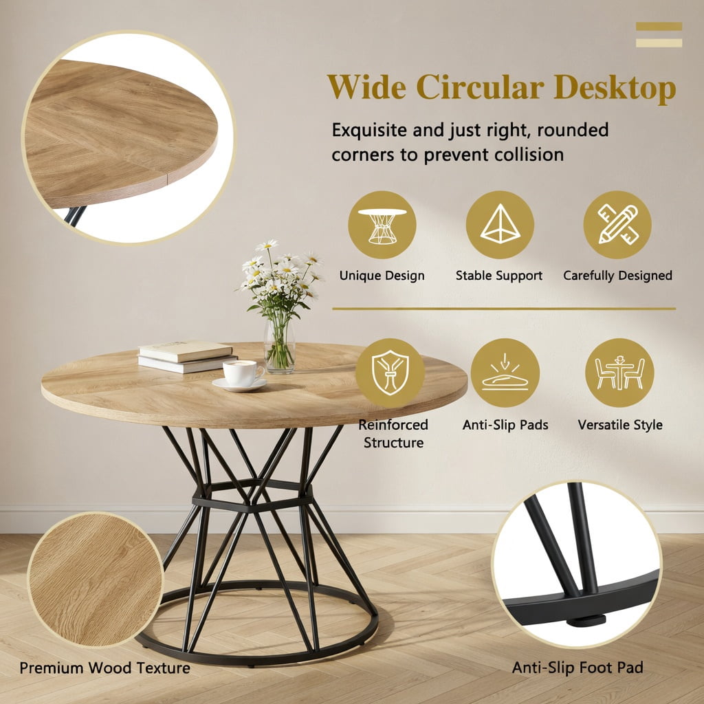 Hommoo 47.3-inch Round Dining Table for 4-6 People, Light Wood Grain MDF Top & Hourglass Metal Base, Modern Industrial Style Kitchen or Dining Room Table, Natural & Black