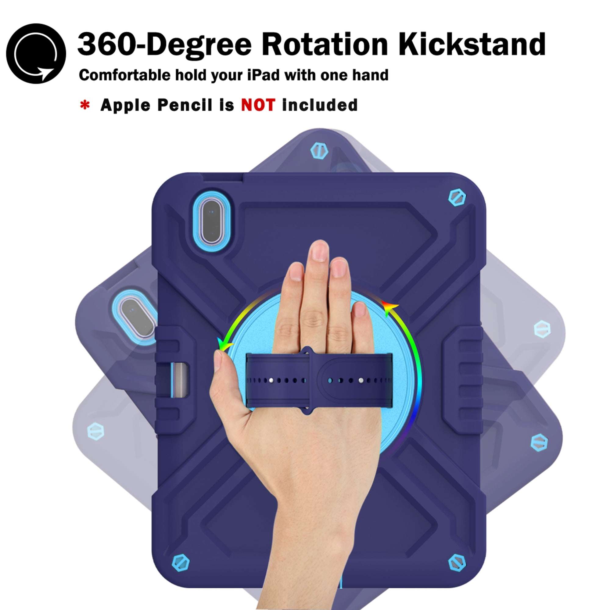 Dteck Kids Case for iPad 10th Generation Case 2022, Military Grade Shockproof Rugged Cover for iPad 10th Gen 10.9 Inch with 360° Swivel Stand - Handle - Shoulder Strap - Pencil Holder,Navy Blue