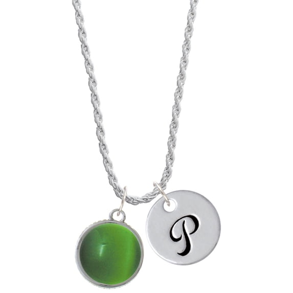 Delight Jewelry Silvertone Round - Imitation Cat's Eye - Green - Silvertone Script Initial Disc - P - Charm Necklace, 20"+3"