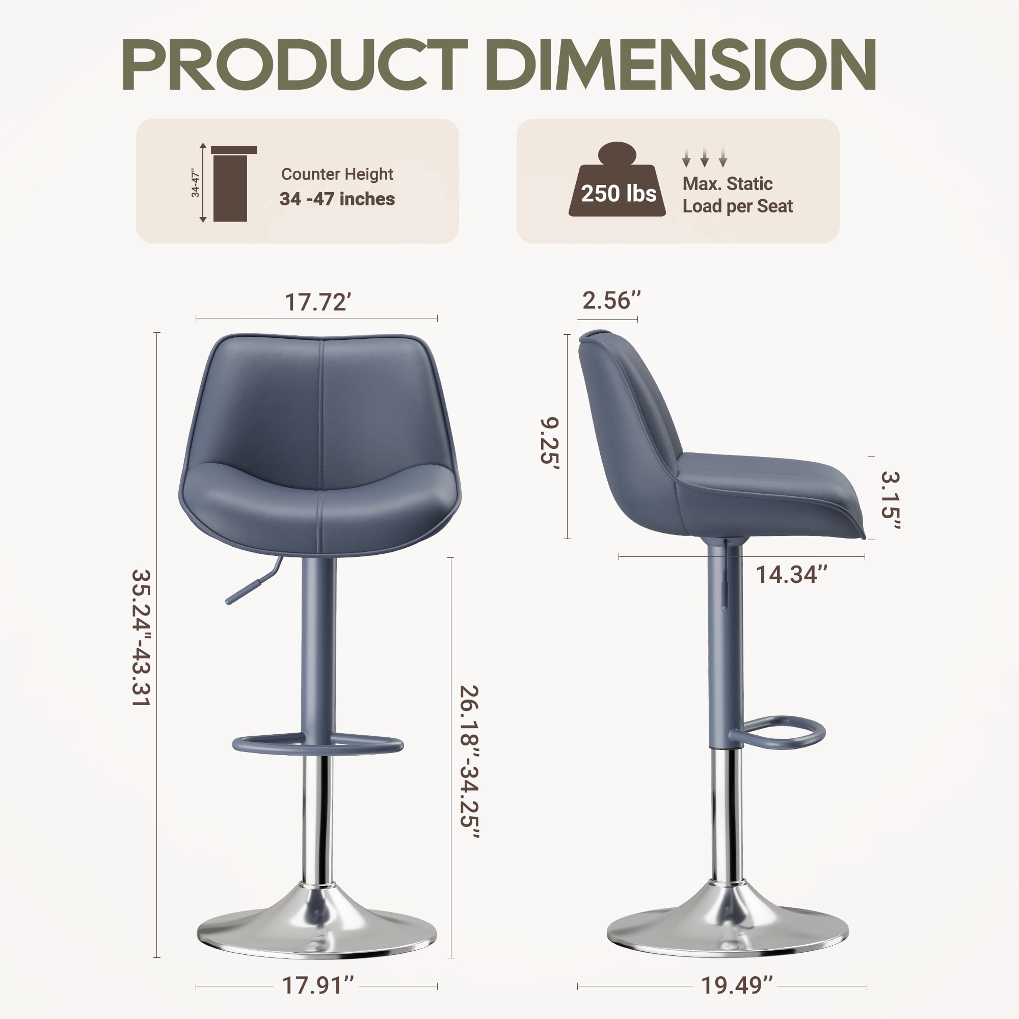 EOP Upholstered Bar Stools Set of 4, Adjustable Swivel Counter Height Bar Chairs with Backrest, Modern PU Leather Counter Stools for Bar, Kitchen, Dining Room, Blue