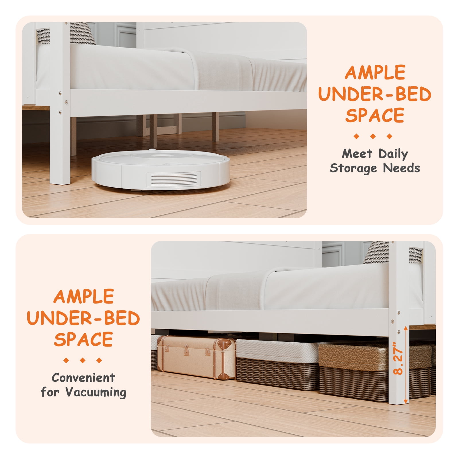 Gianna Twin Wood Playhouse Bed with Side Table, Platform Bed with Roof Frame and Guardrail, White