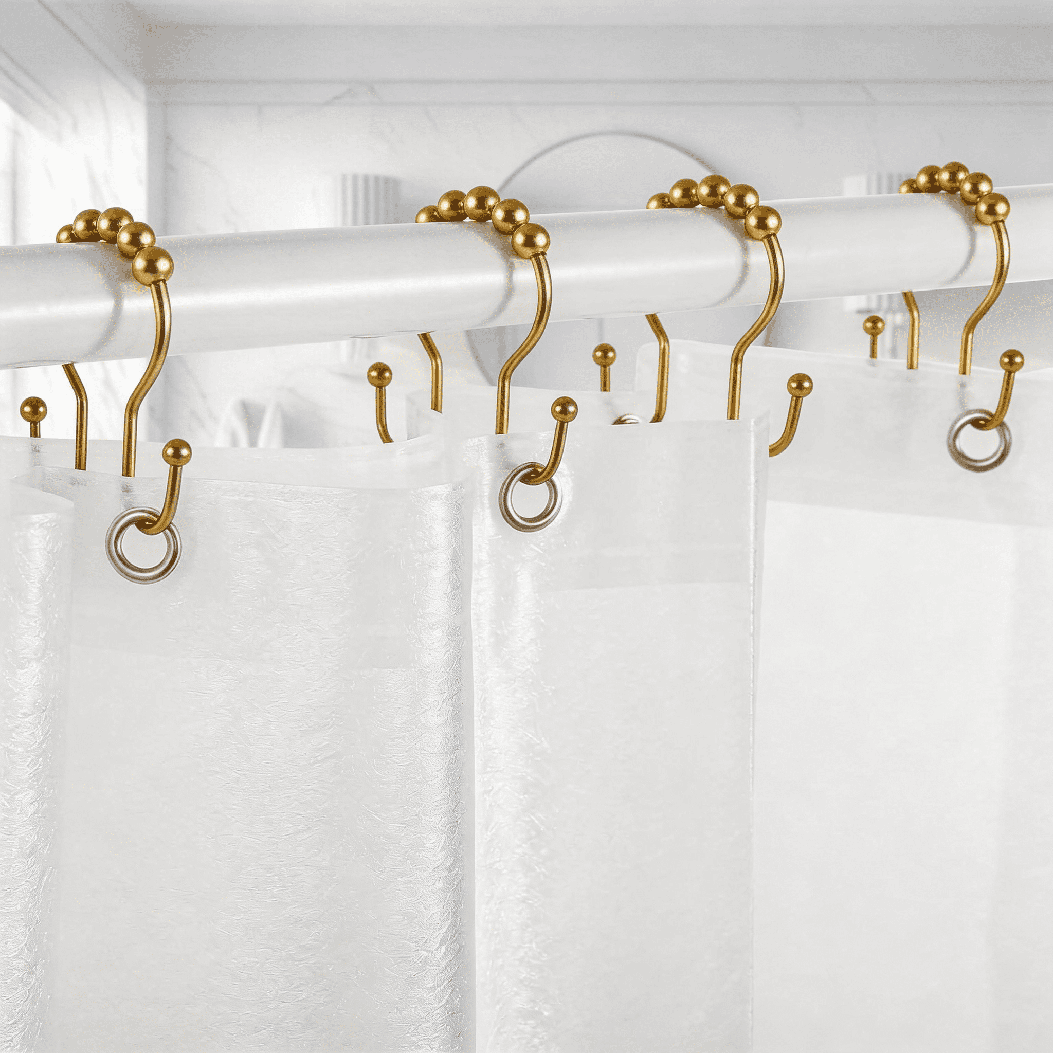 Shower Curtain Hooks, Rustproof Metal Double Sided Shower Curtain Rings with Beaded Rollers, No Drill Shower Hooks for Bathroom Curtain Rods, Set of 12