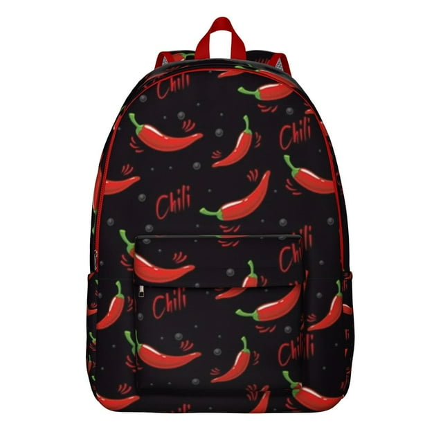 Sac à Dos Scolaire à Imprimé Piment, Sac de Jour Décontracté à Motif de Légumes Rouges Épicés avec Mignonne Illustration de Dessin Animé de Piment Fort pour les Amateurs de Cuisine et les Étudiants