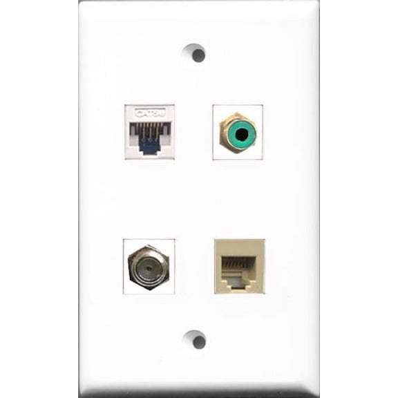 RiteAV 1 Port RCA Green and 1 Port Coax Cable TV- F-Type and 1 Port Phone RJ11 RJ12 Beige and 1 Port Cat5e Ethernet White Wall Plate