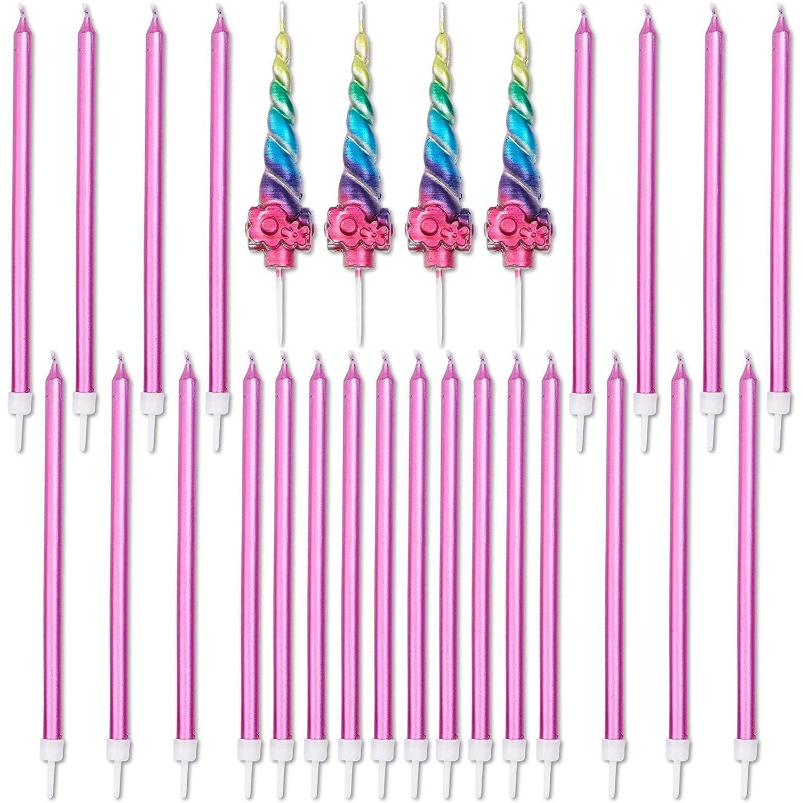 28 Piece Rainbow Unicorn Horn Birthday Cake Candles Set , 4 Horn Topper + 24 Long Thin Cake Candles with Holder, for Teen Girls Birthday Celebration Party Decoration