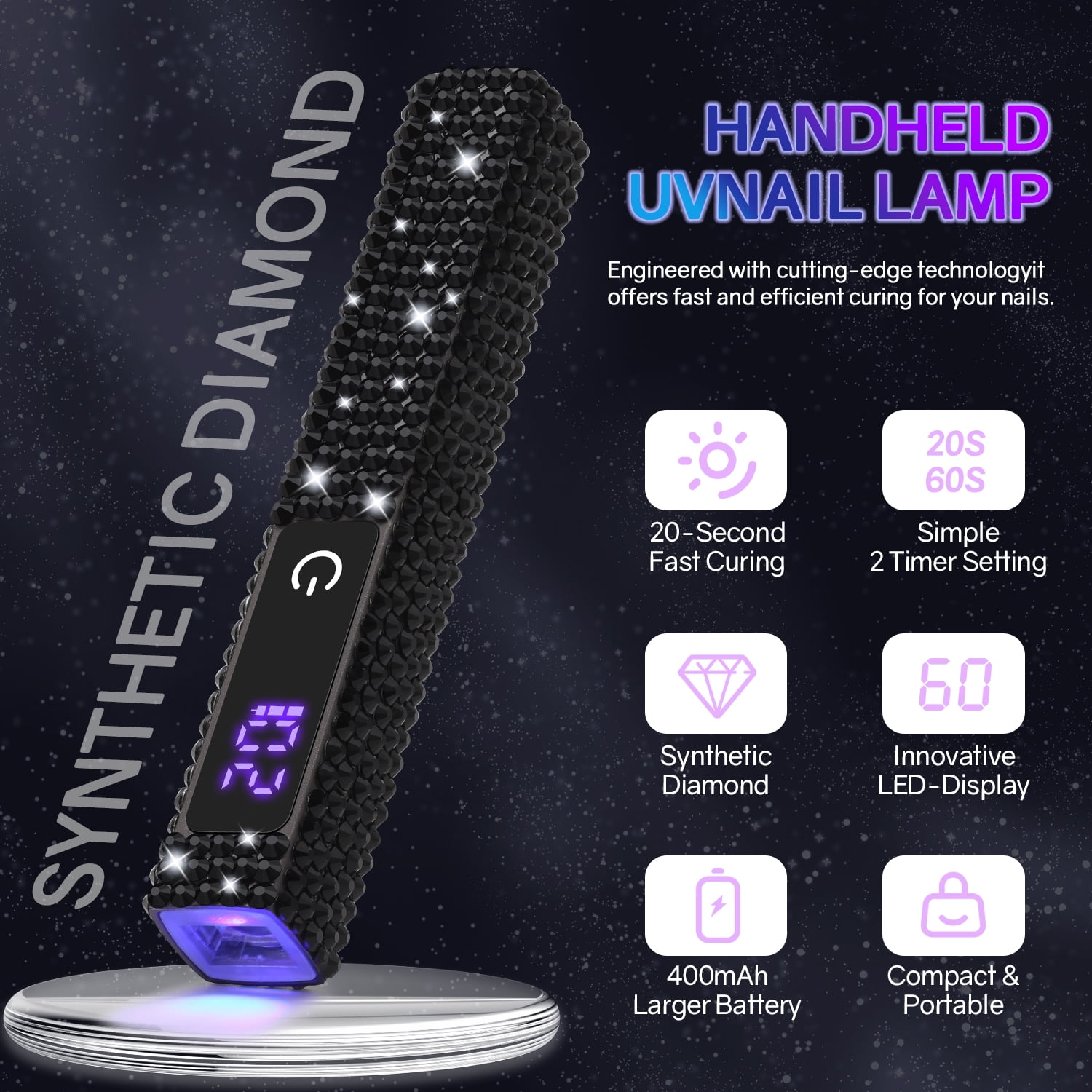 PRYZUNA Mini Crystal LED UV Nail Lamp – Portable Gel Polish Dryer with Touch Timer, USB-C Rechargeable Design with Rhinestone Finish
